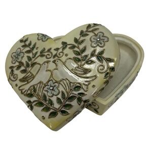 Roman Inc Heart Musical Jewelry Box Doves Floral Ceramic Cloisonné Vintage Works